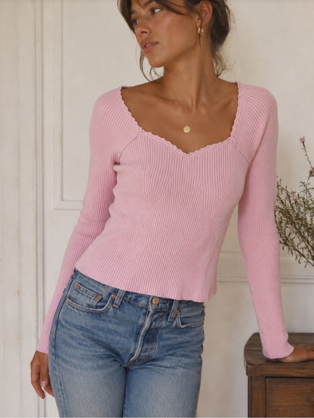House Of Harlow 1960 Ribbed Crewneck Sweater In Soft Pink Size Large